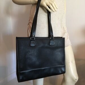 Vintage black pebbled leather tote bag with  3 sections